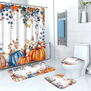 Shower Curtain Set Including Rugs Mats Hooks Bathroom Thanksgiving Decor, 4 Piece