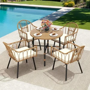 5-Pieces Wicker Patio Dining, Outdoor Rattan Dining Table Set for Patio