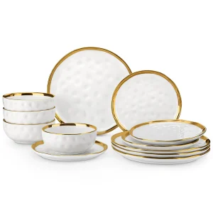 LOVECASA 12/24 Piece Ceramic Porcelain White and Golden Rim Dinnerware Sets With 4/8 PCS Dinner
