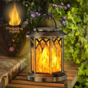 2-Pack Upgraded Flickering Flame Solar Lanterns Lights Outdoor, Solar Hanging Lights Outdoor for Garden, Bronze/Black