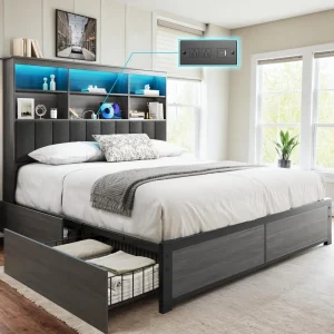 Queen Bed  Wood  with High Storage Bookcase, 4 Drawers & LED & Charging Station